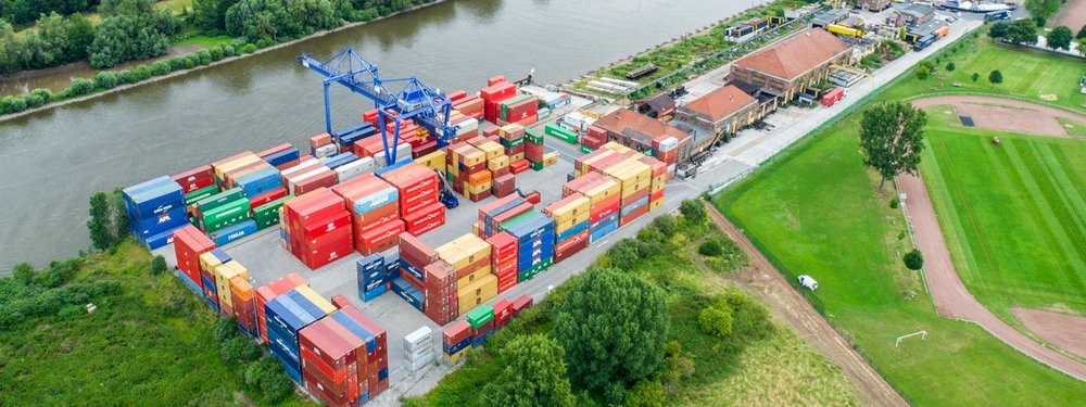 A container terminal at the river Main, near the town center of Mainz-Kostheim.