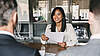 A woman is in a job interview.